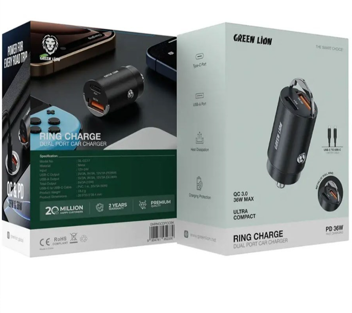  شارژر فندکی 36 وات Green Line مدل Ring Charge Dual Port Car Charger PD 36W ( ضمانت اصالت - گارانتی طلایی تعویض ⭐) 
