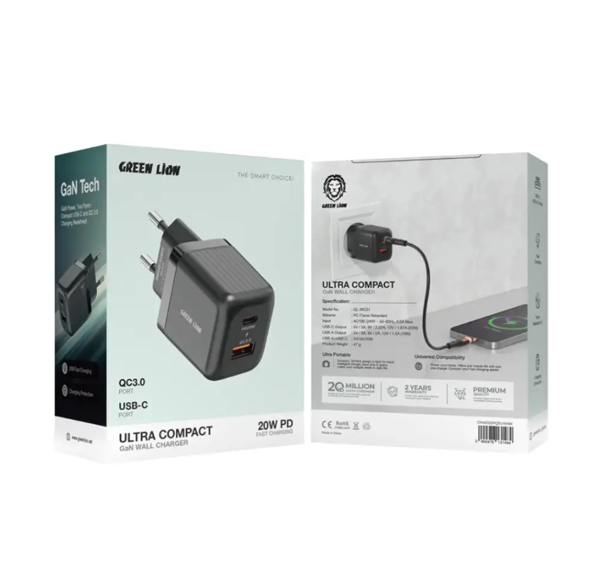 شارژر دیواری 20 وات گرین لاین مدل Ultra Compact +کابل( ضمانت اصالت - گارانتی طلایی تعویض ⭐)