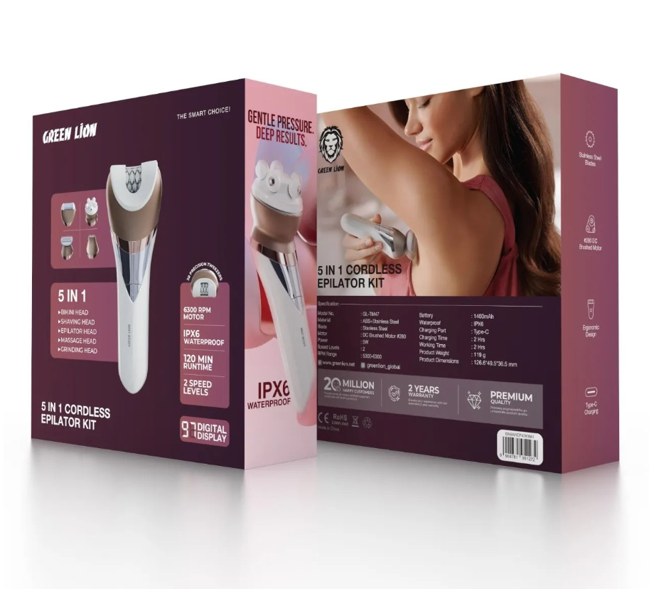 اپیلاتور پنج کاره بیسیم گرین لاین مدل Green Lion 5 in 1 Cordless Epilator Kit ( ضمانت اصالت - گارانتی طلایی تعویض ⭐)
