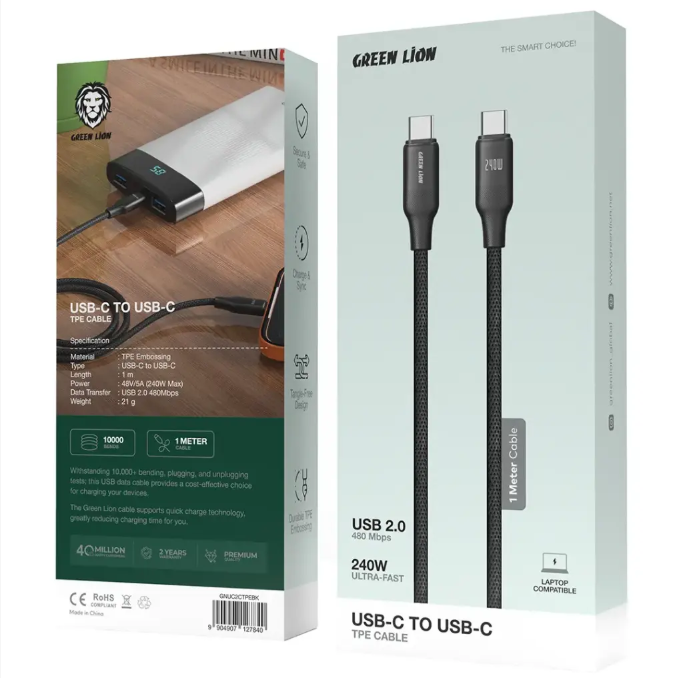 کابل تبدیل USB-C به USB-C گرین لاین 240 وات مدل TPE