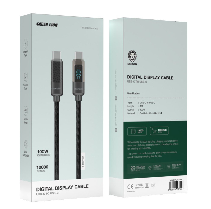  کابل شارژ نمایشگر دیجیتال تایپ سی به تایپ سی گرین Green Digital Display Cable USB-C TO USB-C 