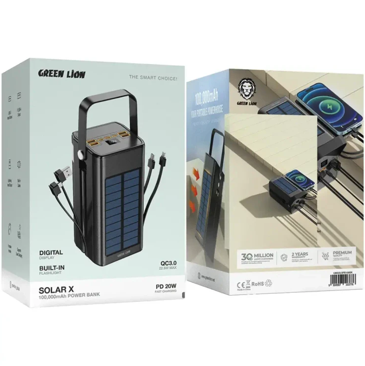 پاور بانک خورشیدی GREEN LION مدل SOLAR X ظرفیت ۱۰۰ هزار میلی آمپر PD 20W ( ضمانت اصالت - گارانتی طلایی تعویض ⭐)