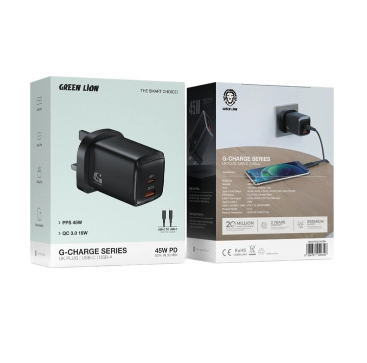 شارژر ۴۵ وات گرین لاین G-Charge Series Dual Port 45w ( ضمانت اصالت - گارانتی طلایی تعویض ⭐)