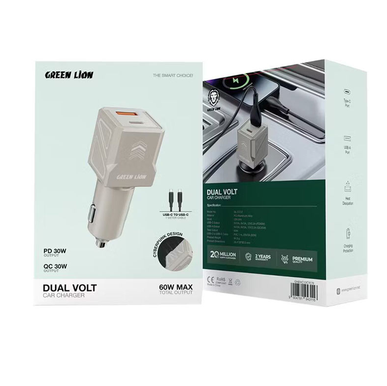  شارژر فندکی 60w دو پورت 1پورت PD دارای کابل دوسر گرین لاین GL-CC12 ( ضمانت اصالت - گارانتی طلایی تعویض ⭐) 