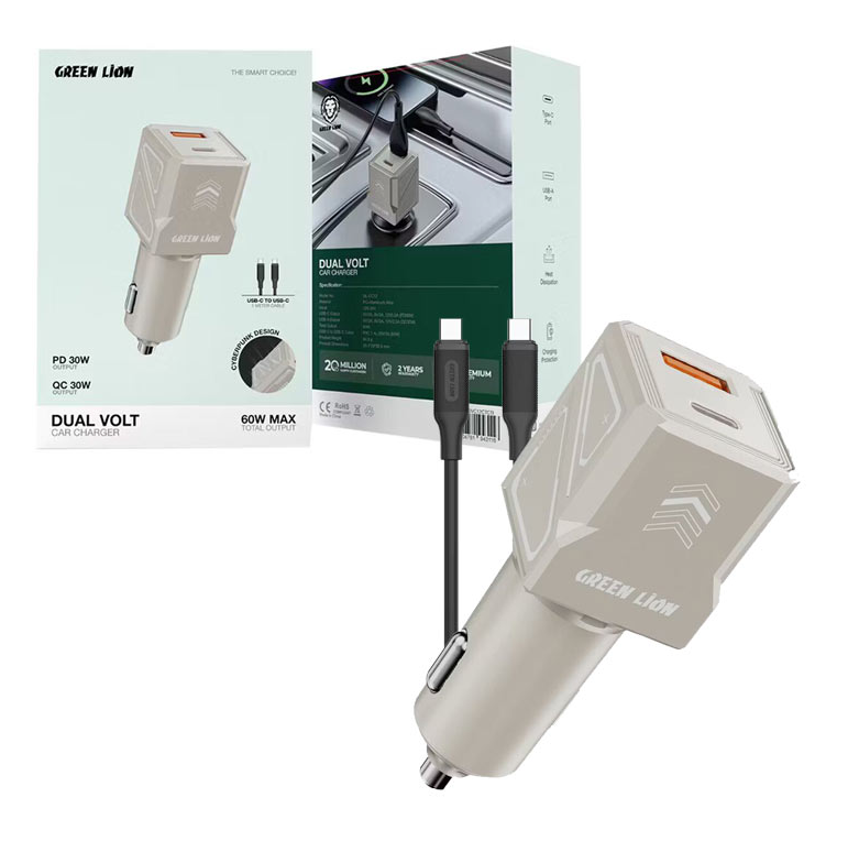  شارژر فندکی 60w دو پورت 1پورت PD دارای کابل دوسر گرین لاین GL-CC12 ( ضمانت اصالت - گارانتی طلایی تعویض ⭐) 