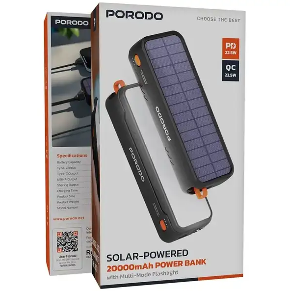 پاوربانک 20000 هزار خورشیدی پرودو مدل Porodo Solar-Powered ( ضمانت اصالت - گارانتی طلایی تعویض ⭐)