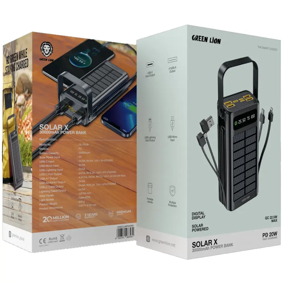 پاوربانک 20 وات گرین لاین مدل Solar X ظرفیت 30000 ( ضمانت اصالت - گارانتی طلایی تعویض ⭐)