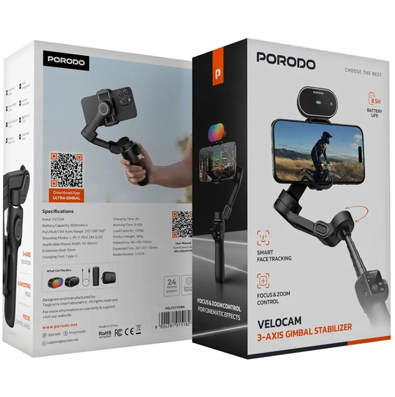 گیمبال استبلایزر پرودو Porodo Velocam 3-Axis Gimbal Stabilizer ( ضمانت اصالت - گارانتی طلایی تعویض ⭐)