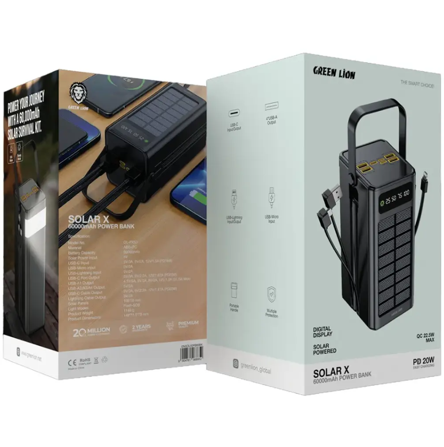  پاوربانک 20 وات گرین لاین مدل Solar X ظرفیت 60000 ( ضمانت اصالت - گارانتی طلایی تعویض ⭐) 