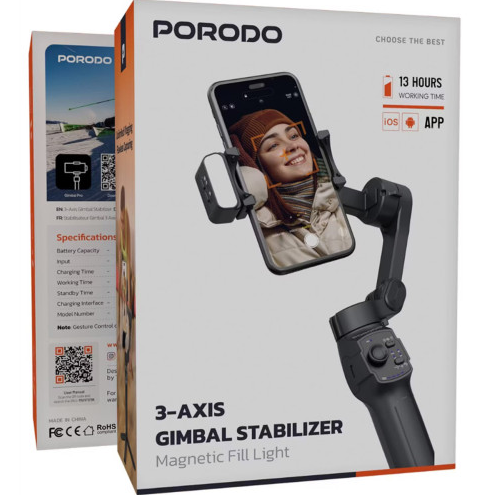 پایه نگهدارنده گیمبال استابلایزر ۳ محوره پرودو (PORODO 3-AXIS GIMBAL STABLIZER Magnetic Fill Light) ( ضمانت اصالت - گارا